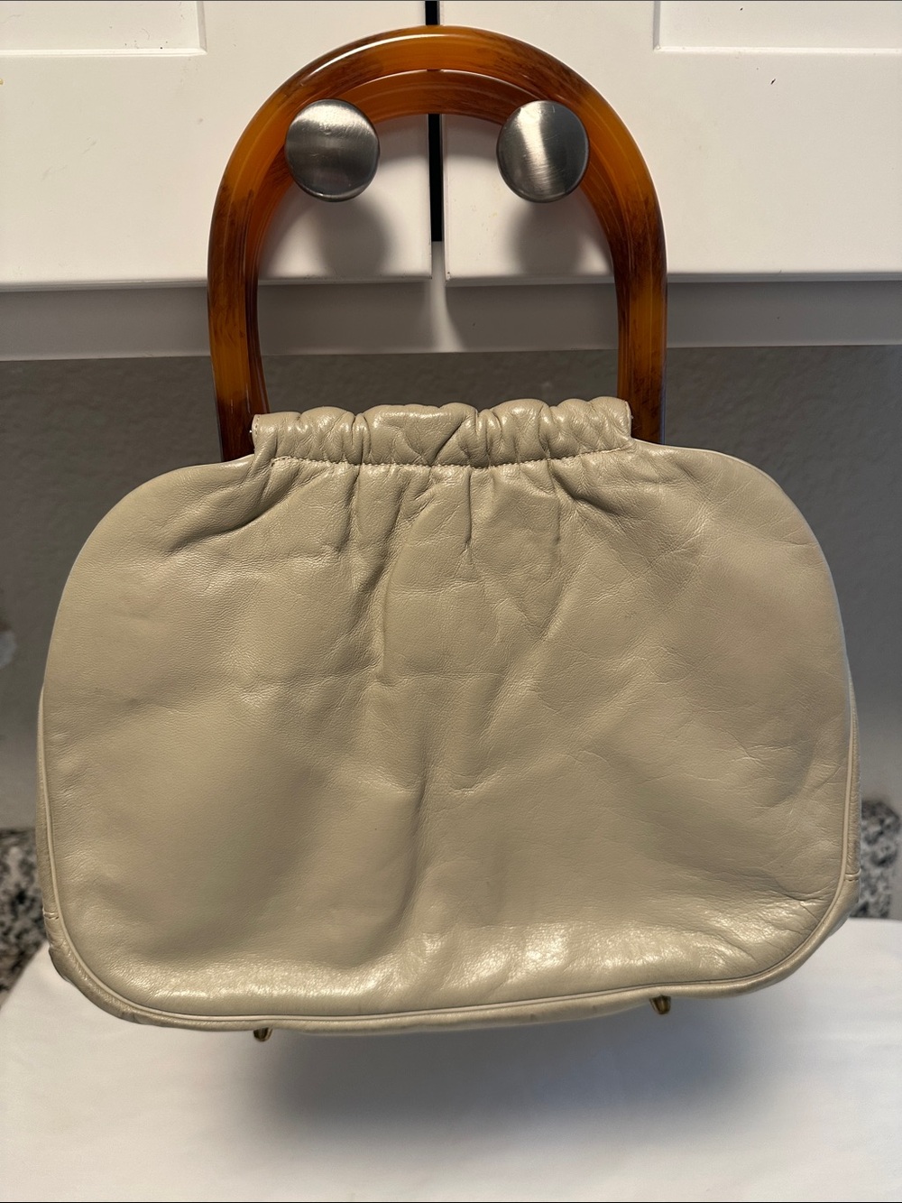 Vintage INGBER~ Beige Leather Top-Handle Women’s Bag with Tortoiseshell Handle